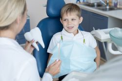 boy sitting in dental chair listening to female dentist holding toothbrush and tooth model explaining oral hygiene rules