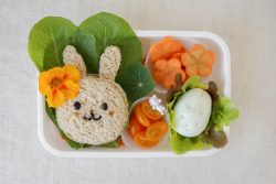 a lunch box containing cut up bread, carrots, salad and eggs into easter-themed shapes