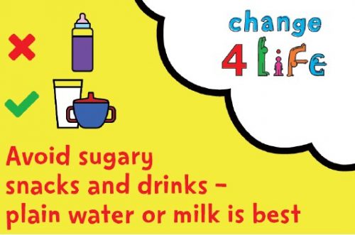 A change 4 life national smile month image that states kids should avoid sugary snacks and drinks - plain water or milk is the best